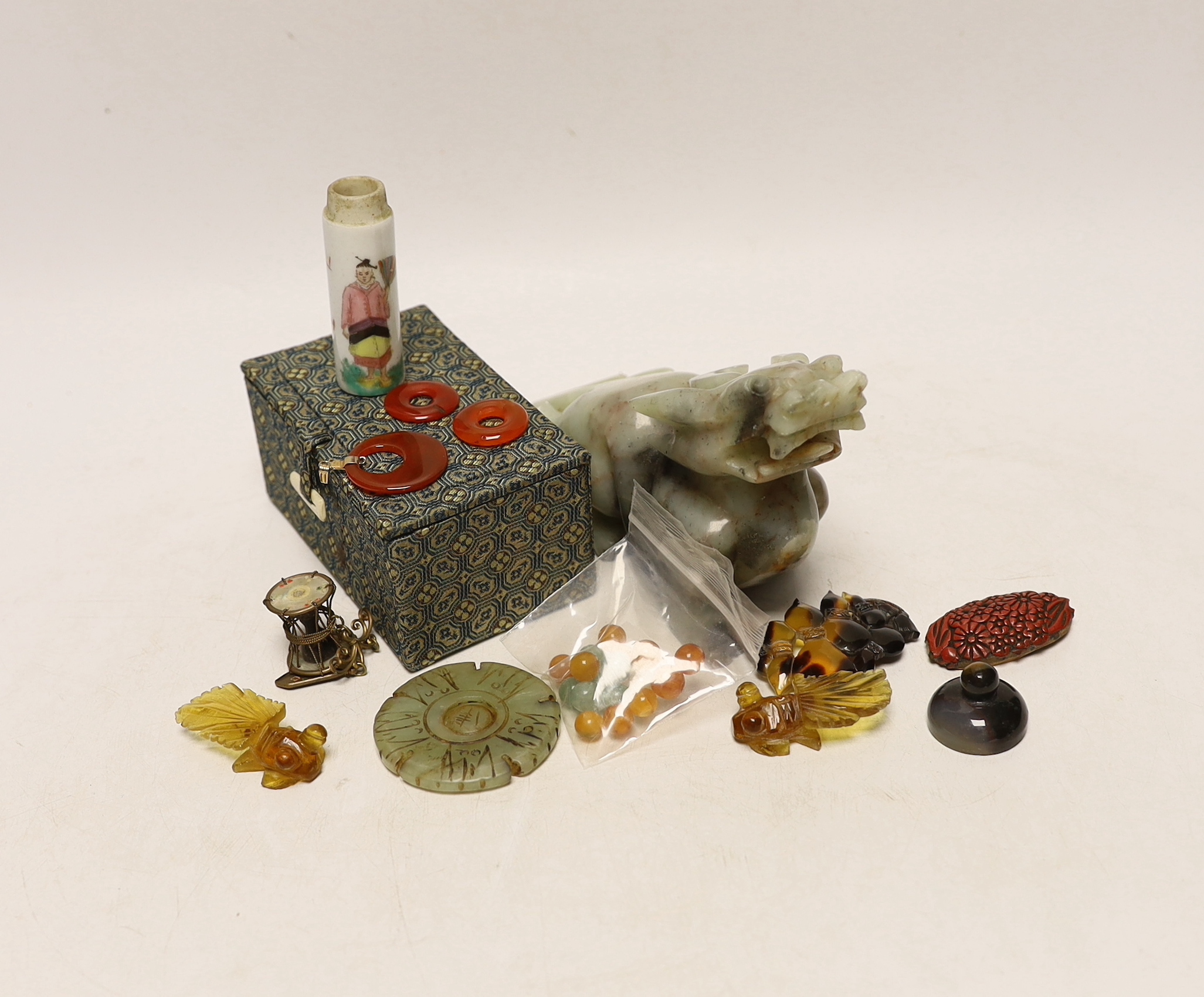 Chinese hardstone Lion dog and various small Chinese collectibles etc, Lion Dog 14cm wide
